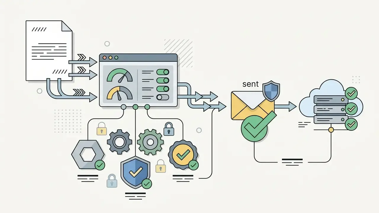 Document data flowing through a security dashboard to authorize an email for cloud server delivery