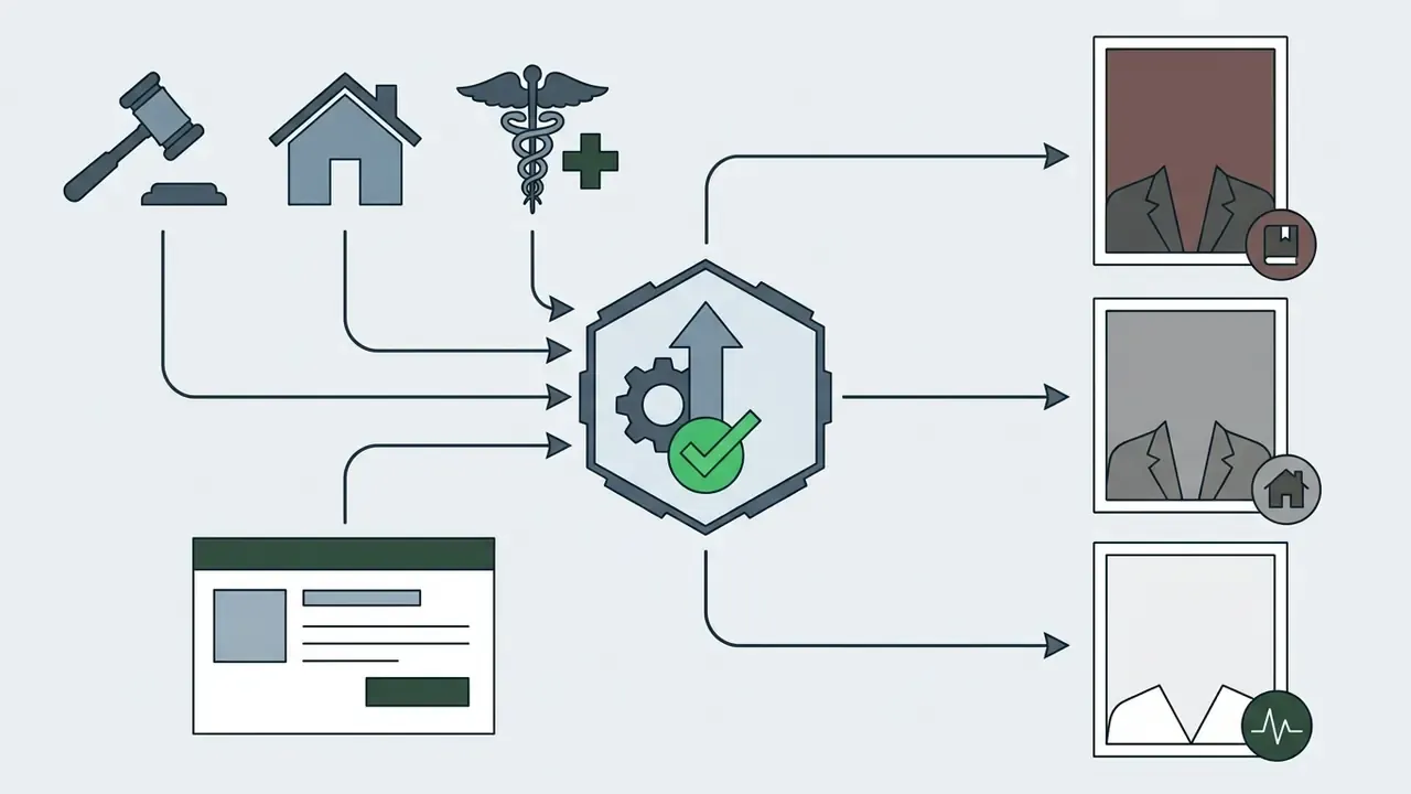 Icons for law, real estate, and medicine feeding into a central processor to create professional headshots