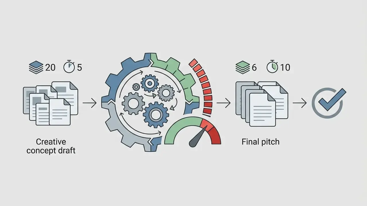 Process flow showing creative drafts converted through a gear mechanism into finalized video pitches