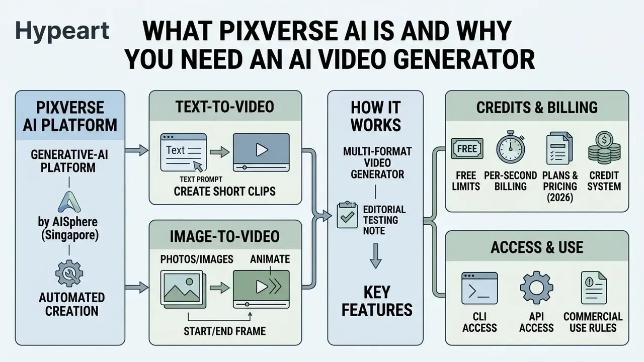 Diagram showing text-to-video and image-to-video generation processes alongside billing and access details