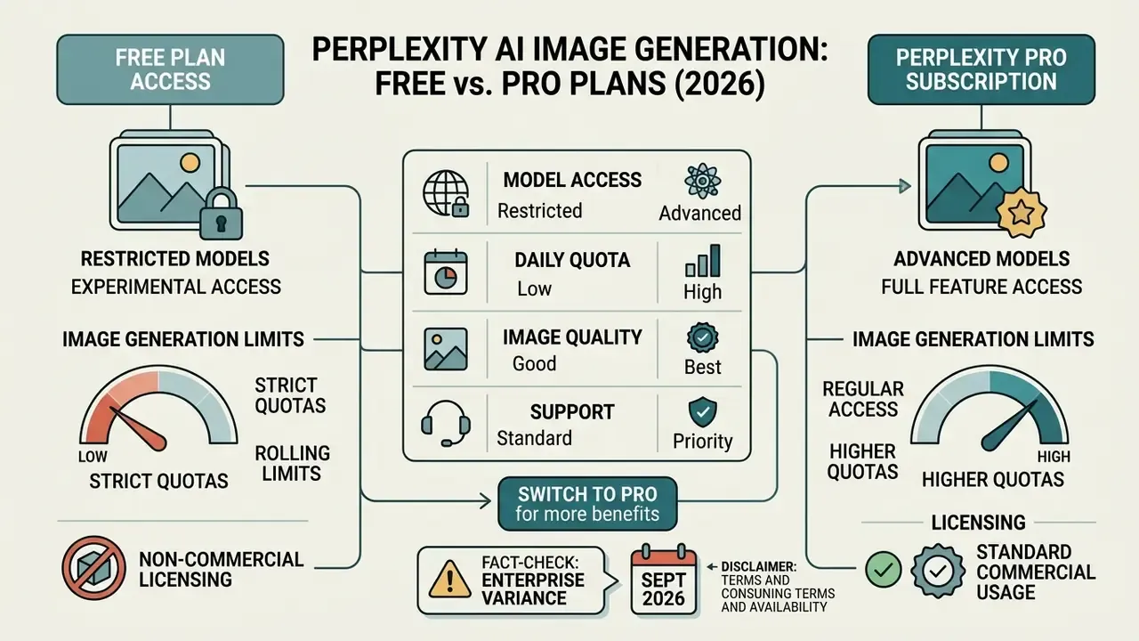Comparison chart showing differences in Perplexity AI image generation between free and Pro plans