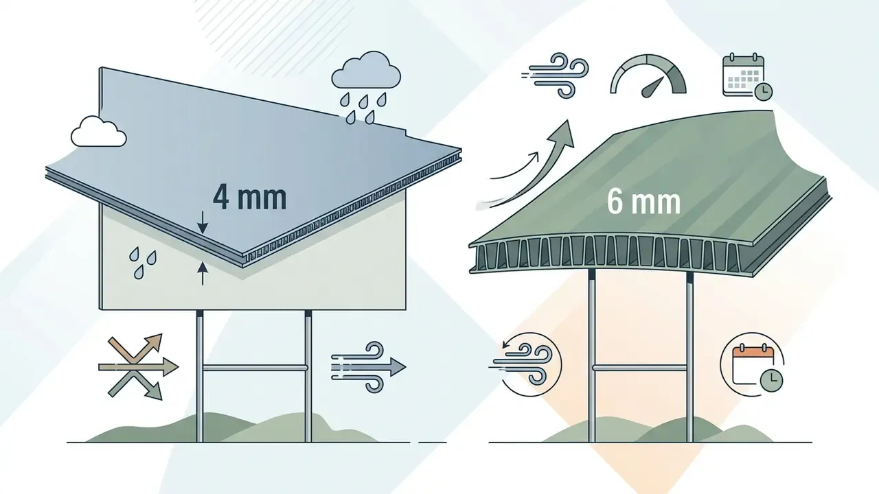 Comparison of 4 mm and 6 mm corrugated sign boards with icons for weather, wind, and durability