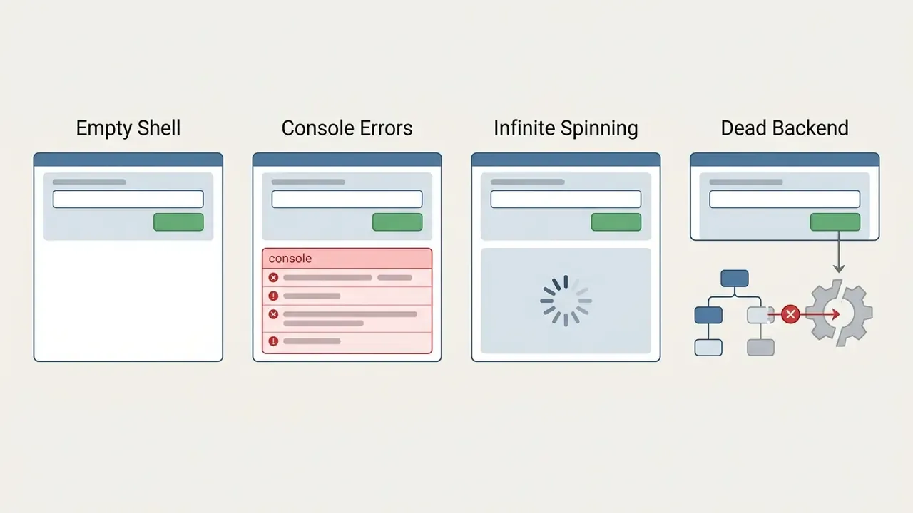 Four interface examples showing failed Perchance AI video generator states like errors and dead backends