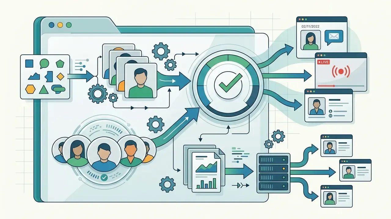User avatars and data documents flowing through a processing system to update various digital profiles