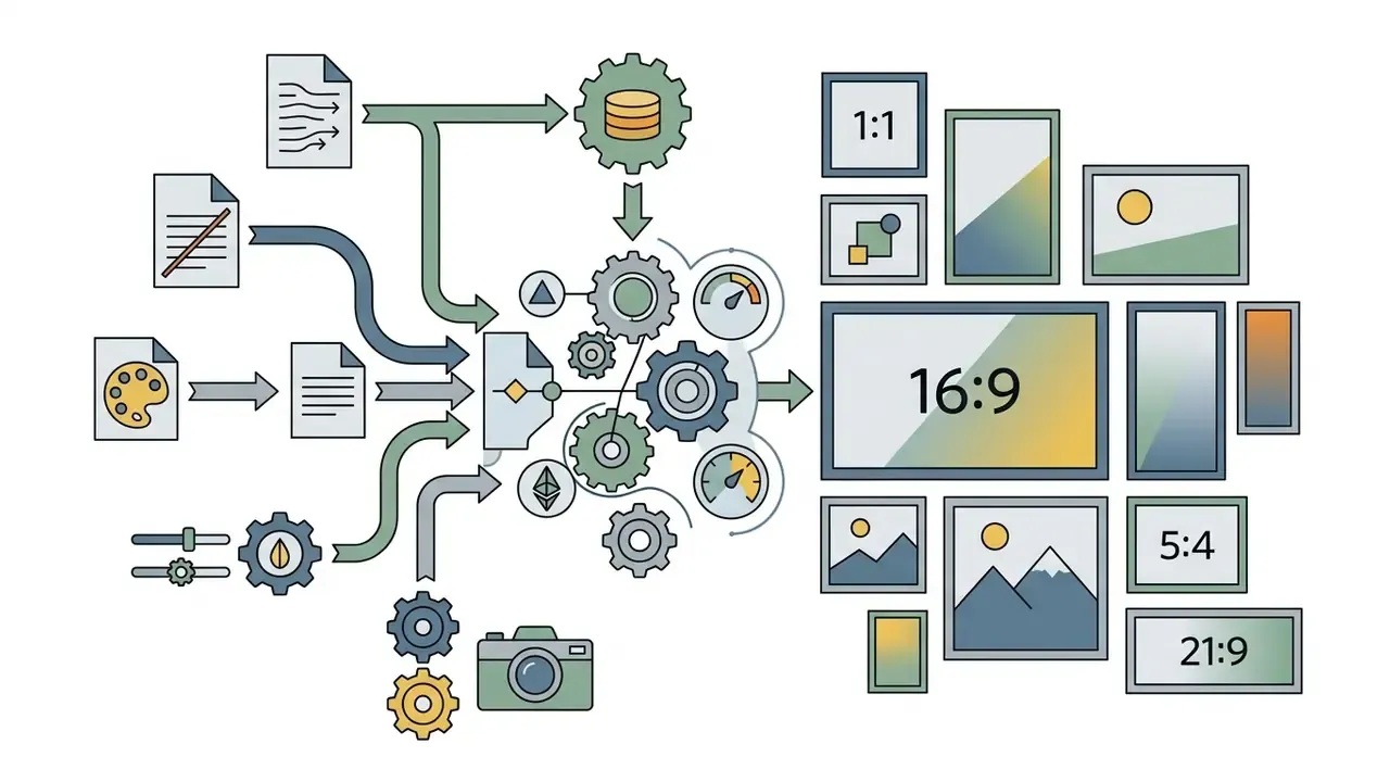 Input documents and settings feeding into a central gear mechanism to produce various aspect ratio images