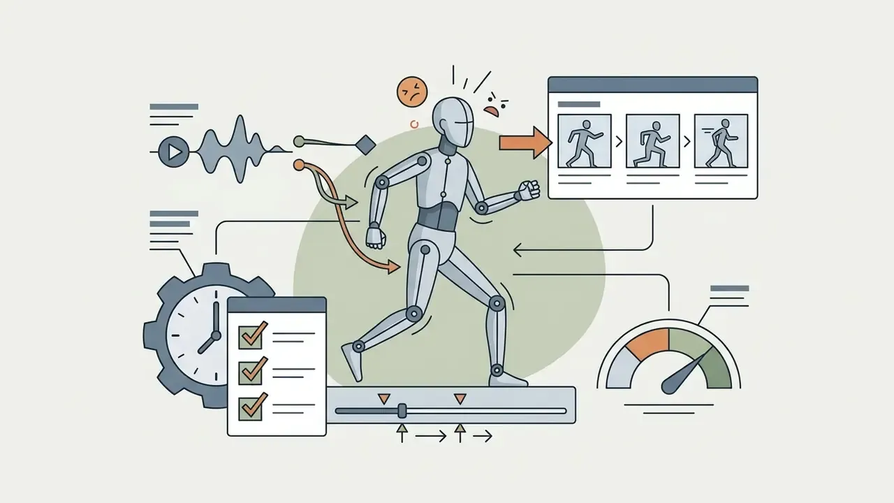 A mannequin figure running with icons for audio waveforms, task checklists, motion frames, and a speedometer