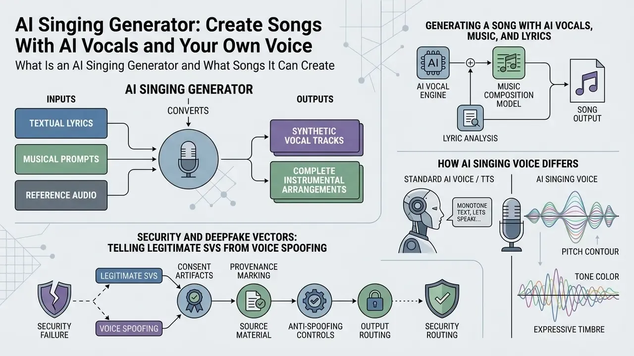 Diagram showing how software converts lyrics and audio into music while highlighting security protocols