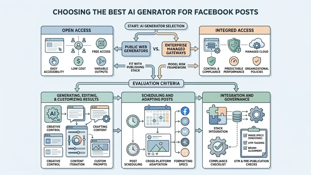 Comparison flowchart detailing selection factors for public versus enterprise software tools for social content