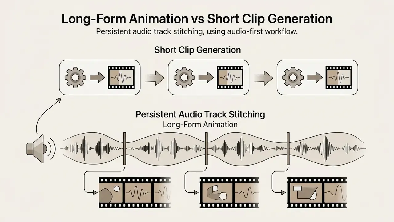 Sequential process comparing individual clip generation to a unified audio track for animation