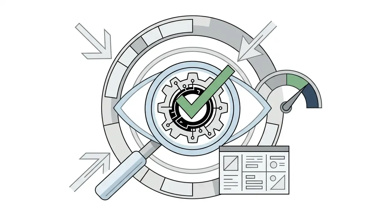 Magnifying glass over an eye icon with a checkmark and gauge indicating quality control and inspection