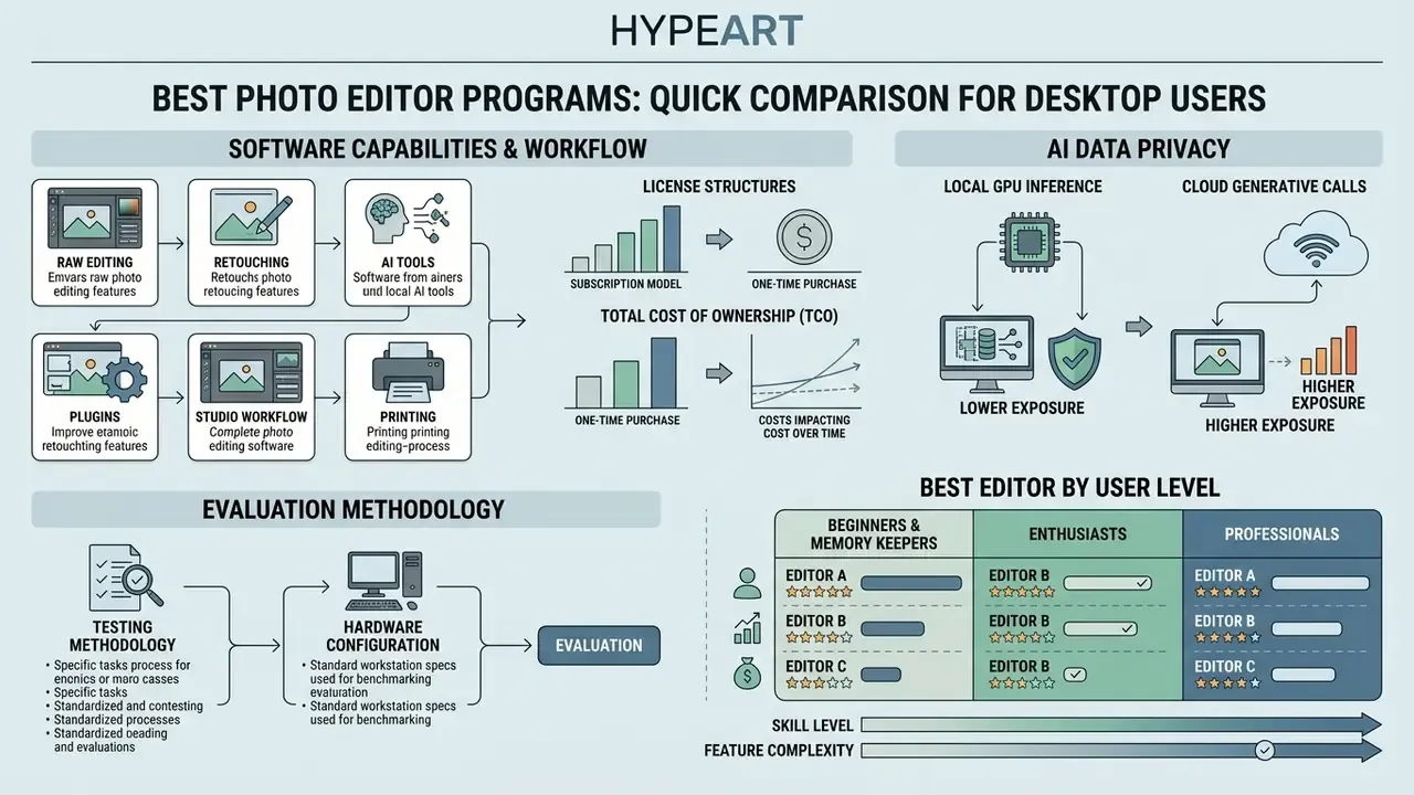 Infographic comparing software capabilities, AI data privacy, evaluation methods, and user levels