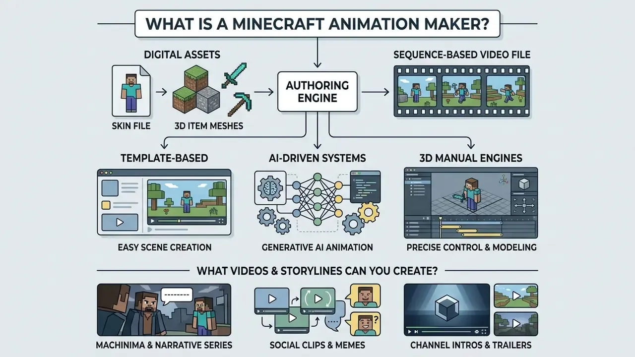 Flowchart showing how a Minecraft animation maker processes digital assets into video content