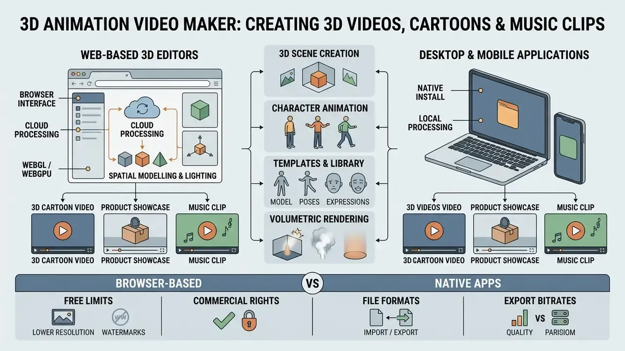 Comparison of web-based 3D editors and native desktop or mobile applications for creating animated content