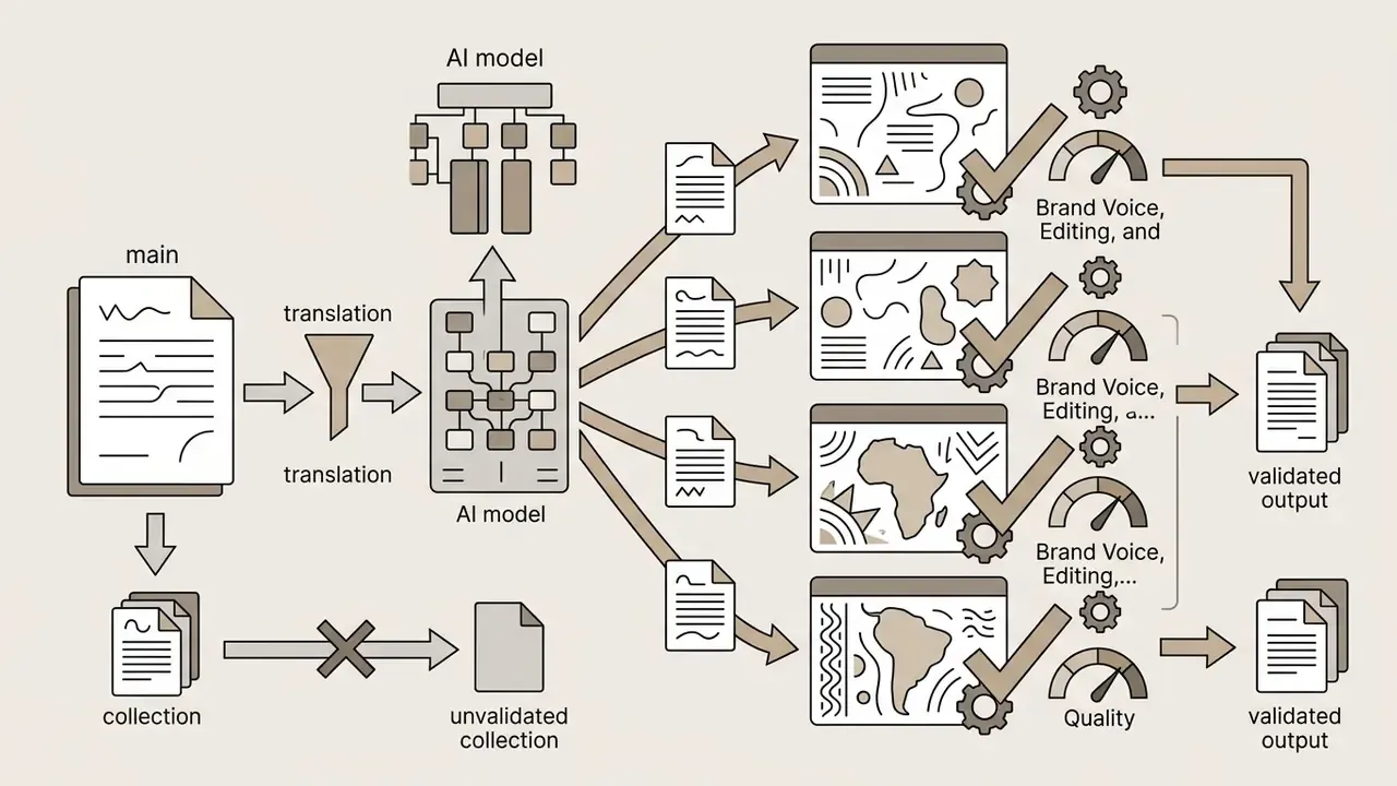 Document translation feeding into an AI model that generates regional outputs for quality review