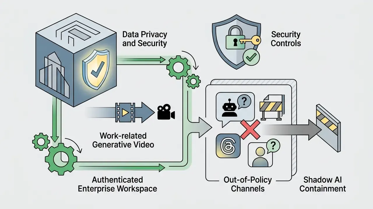 Enterprise workspace controls blocking generative video output to unauthorized social channels