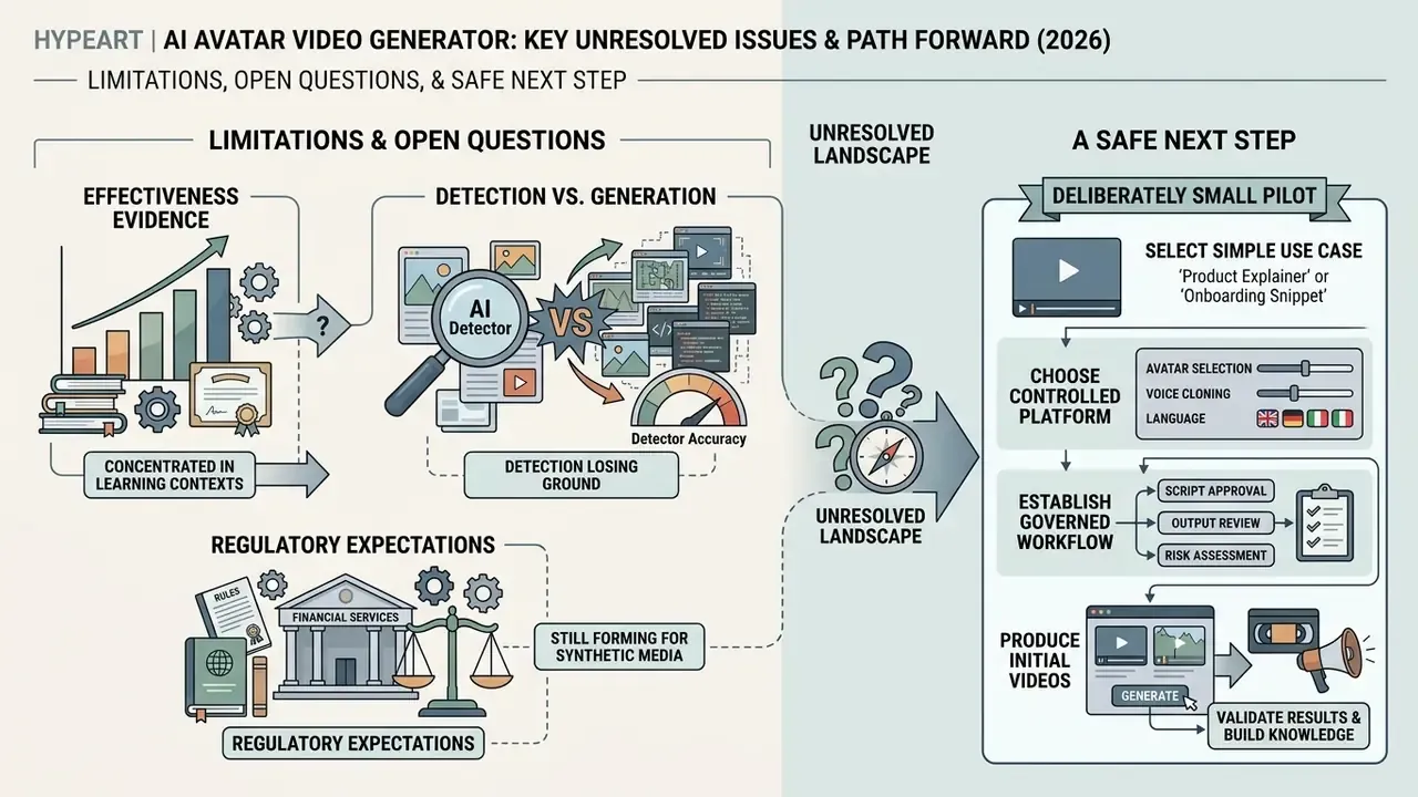 Summary of unresolved synthetic media challenges alongside a structured pilot project workflow