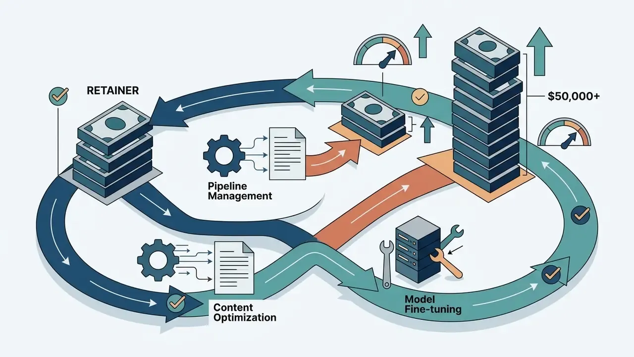 Circular loop showing money stacks and icons for pipeline management, content optimization, and model fine-tuning