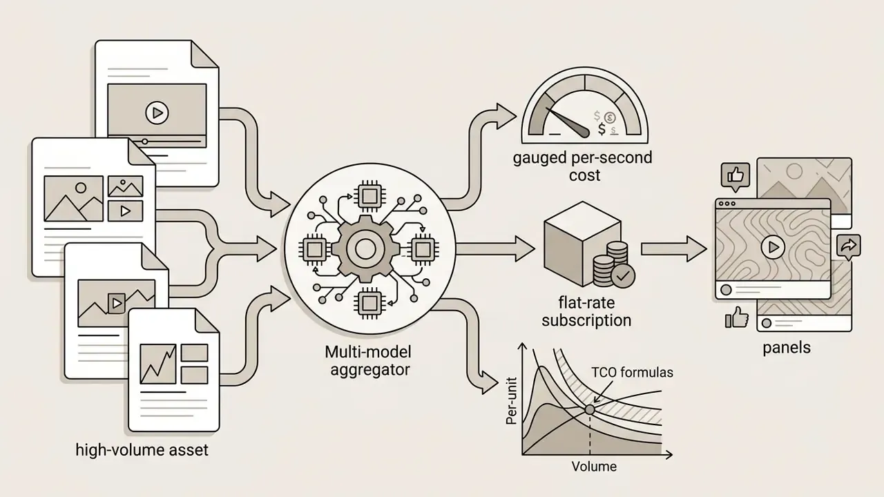 Multi-model aggregator processing high-volume assets into cost-optimized video panels and TCO formulas