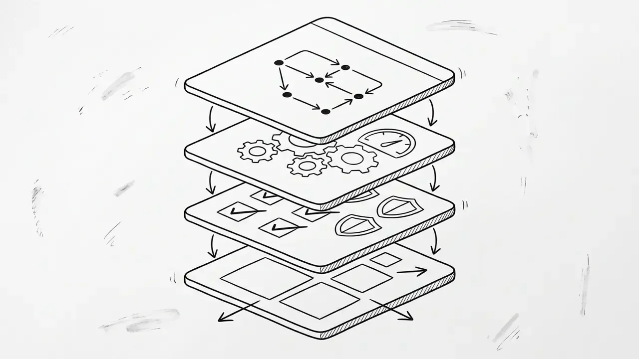 Monochrome sketch of four stacked layers showing connected nodes, gears, checkmarks, and grid shapes