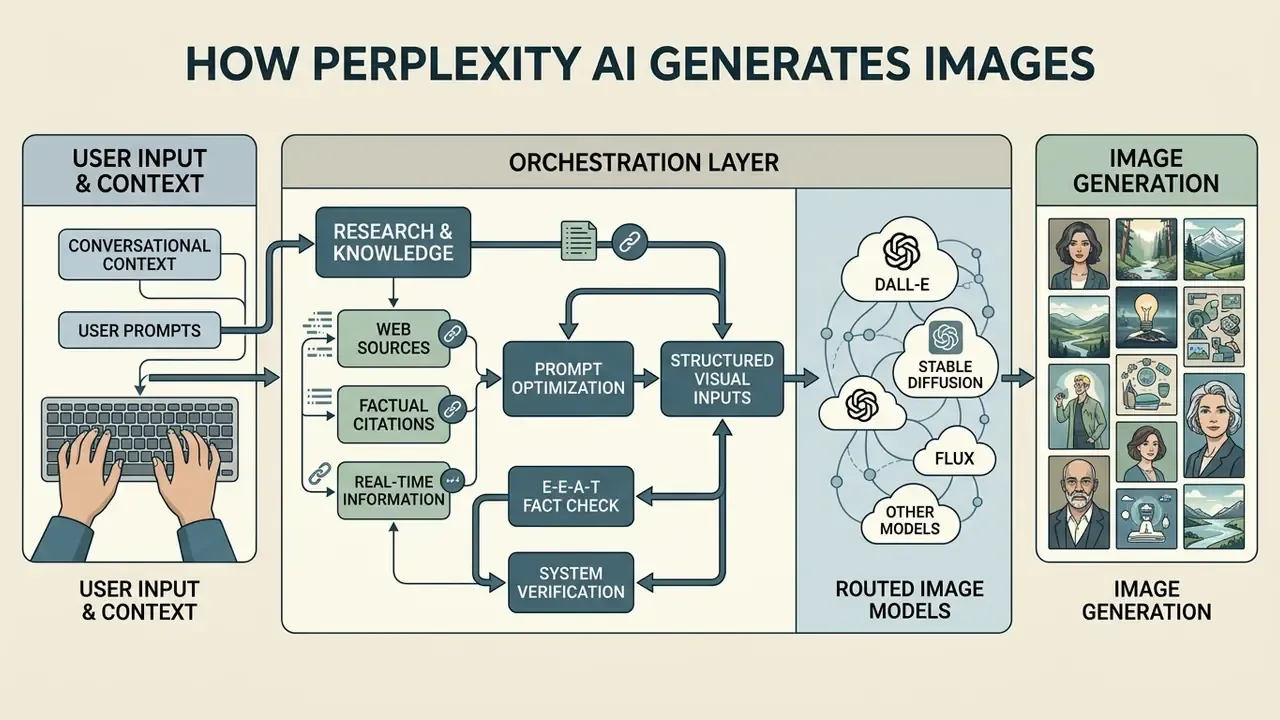 Flowchart showing how Perplexity AI processes user prompts through an orchestration layer to generate images