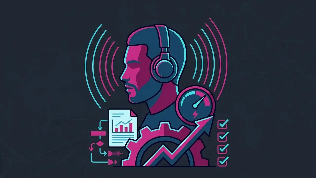 Producer wearing headphones with sound waves, a gear, a document, a speedometer, and a checklist