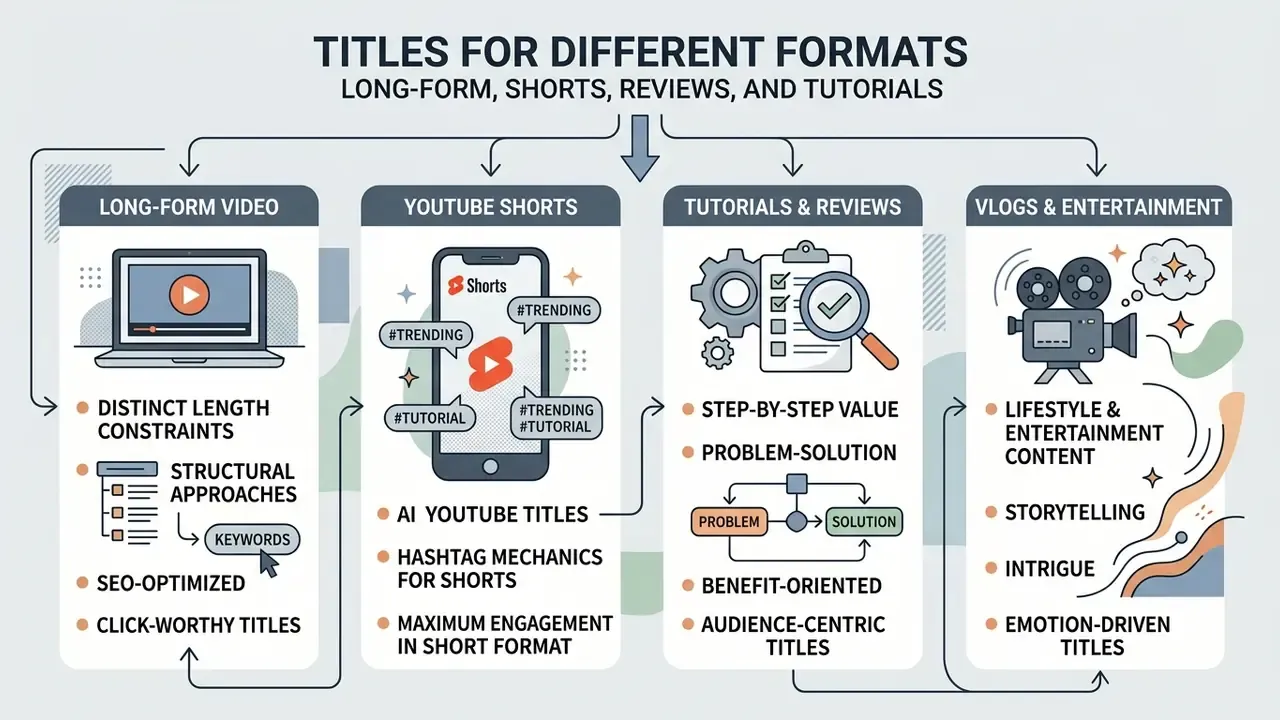 Categorized overview of video title strategies for long-form, Shorts, tutorials, and entertainment content