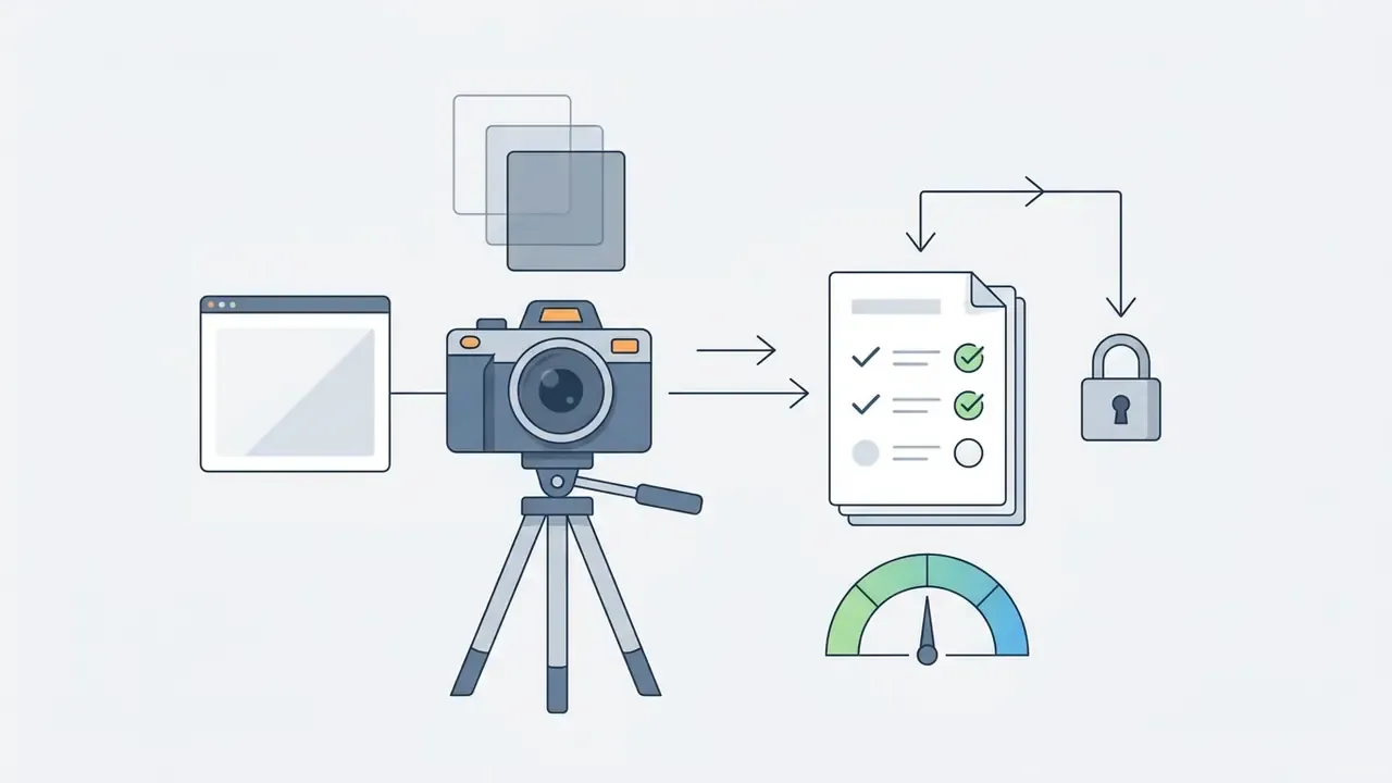 Camera on a tripod capturing multiple exposures processed into a checklist with a lock and speed gauge