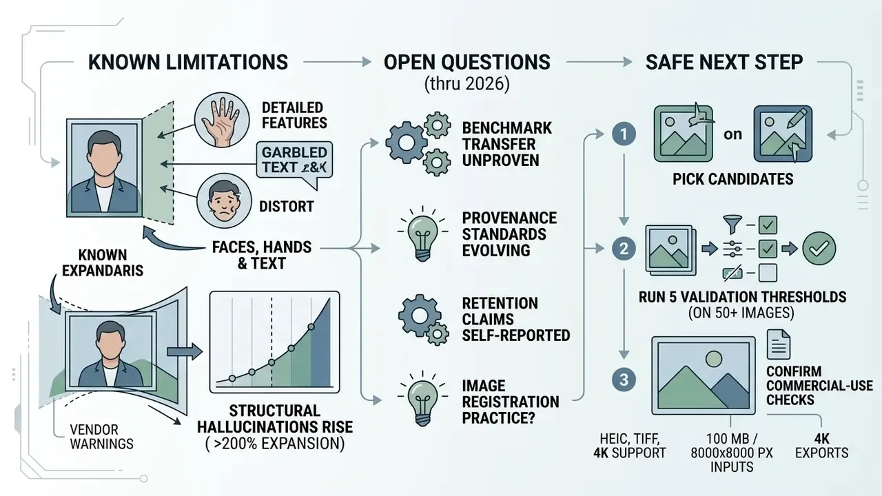 Visual guide outlining generative model limitations, open research questions, and a three-step validation plan
