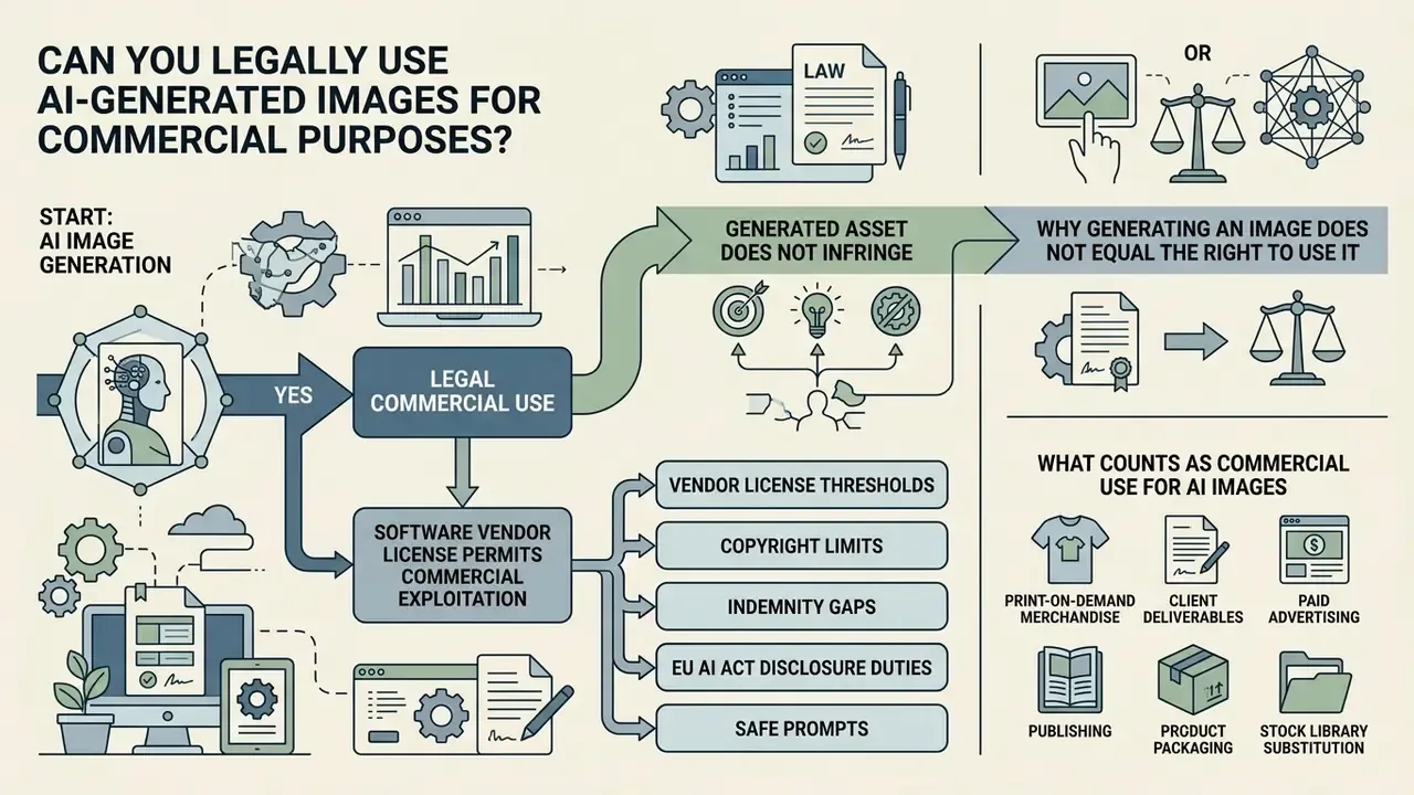 Diagram detailing legal considerations and common commercial use cases for AI-generated images