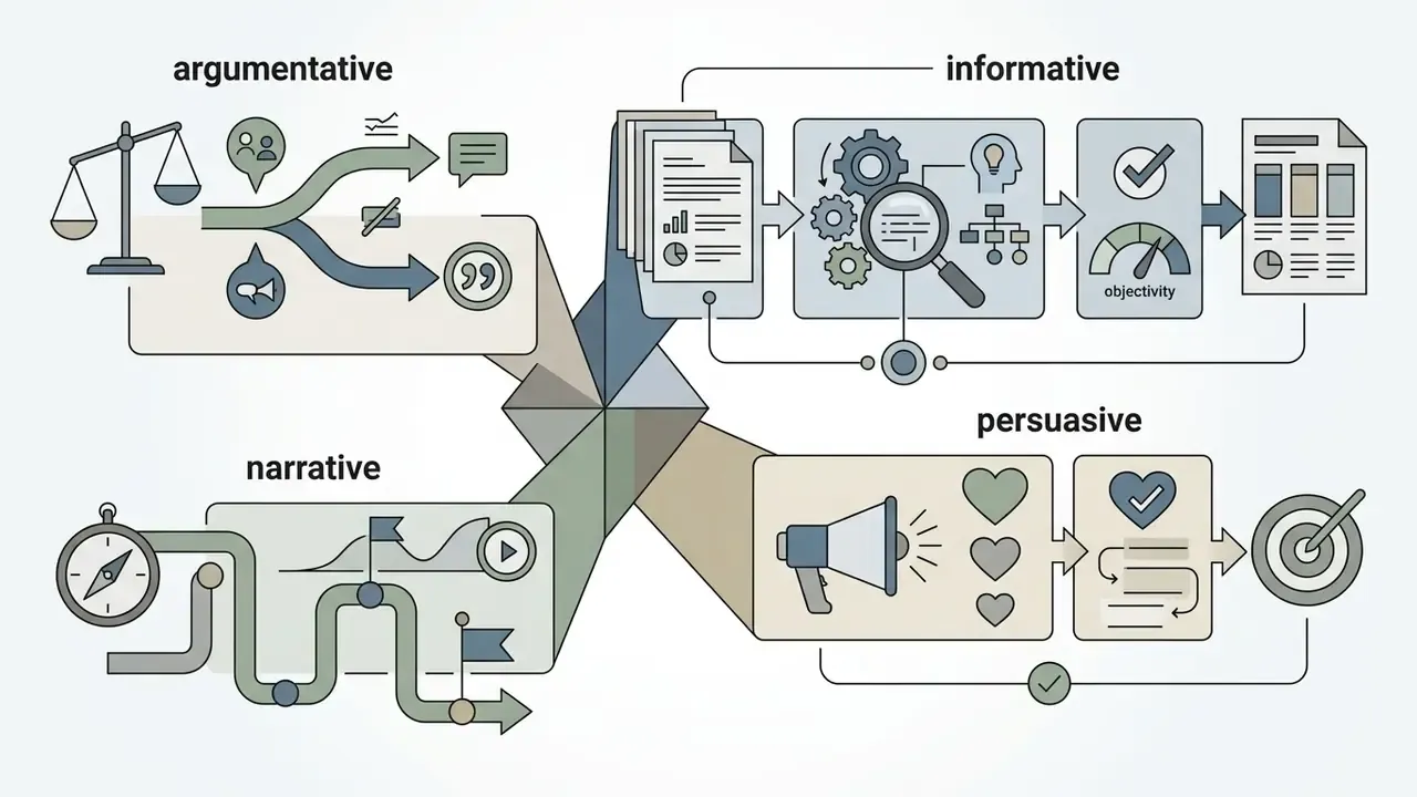 Four distinct paths illustrating the structural processes for argumentative, informative, narrative, and persuasive writing