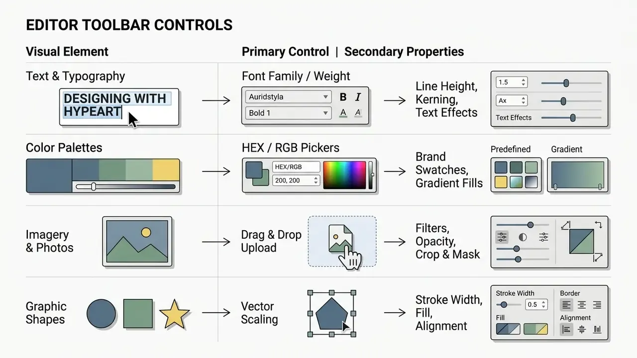 Table showing design tool functions for text, colors, images, and shapes with their specific controls