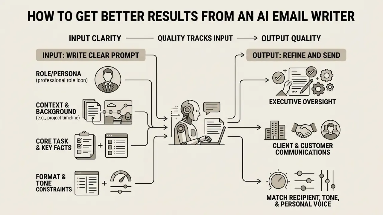 Diagram showing how clear prompt inputs like persona and context lead to refined professional email outputs