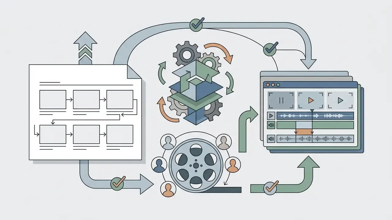 Storyboards connecting to a film reel and digital editing software timeline with circular workflow arrows