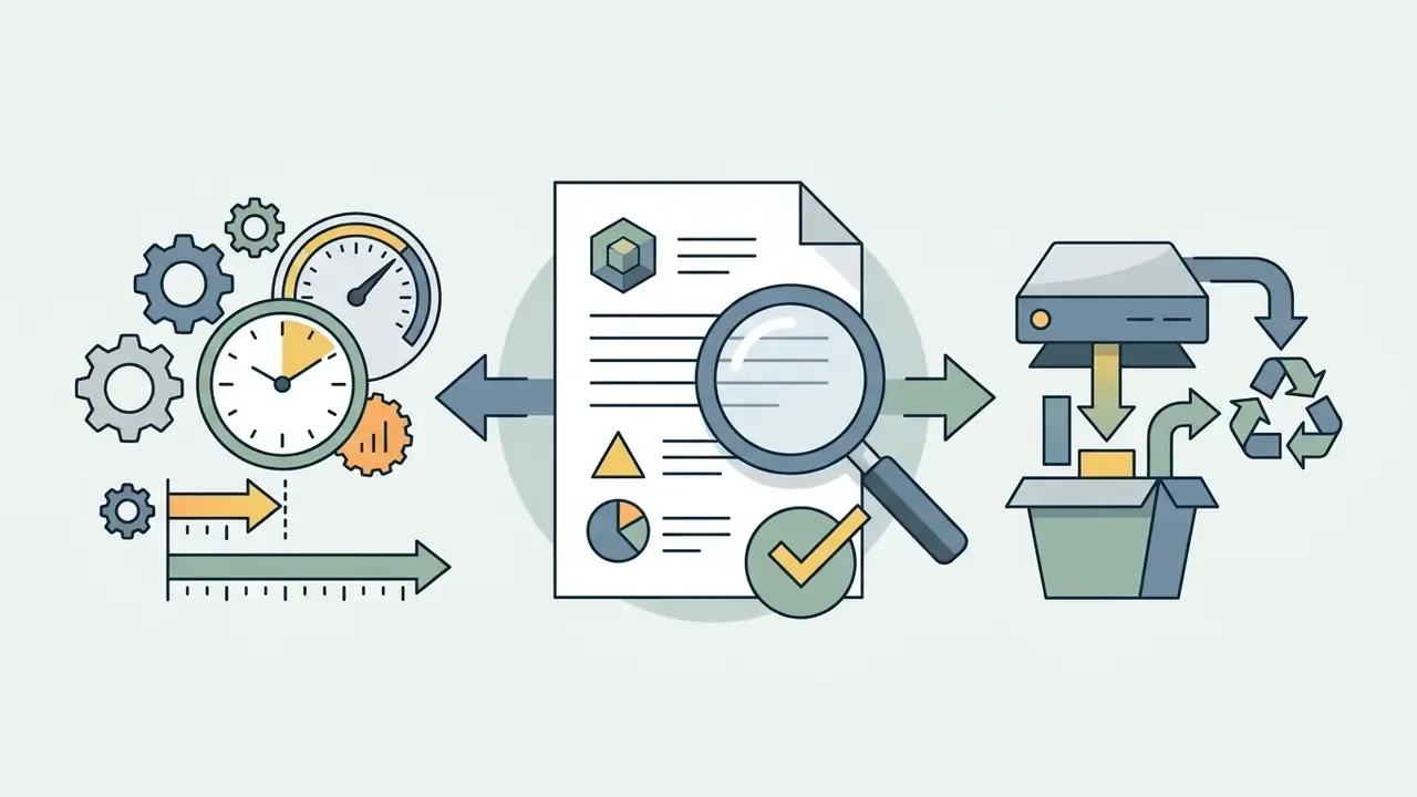 Document being reviewed by a magnifying glass with gears and a server processing data for recycling