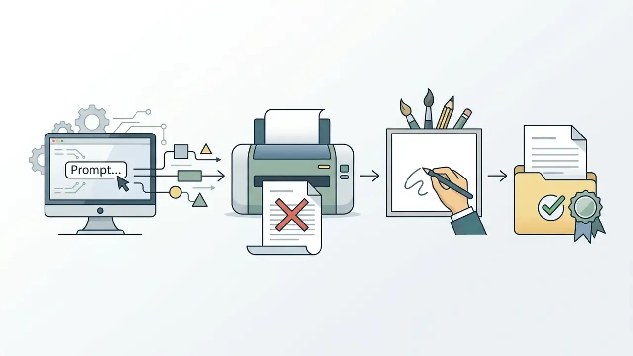 Computer prompt processing leading to a rejected printout followed by manual artistic refinement and filing