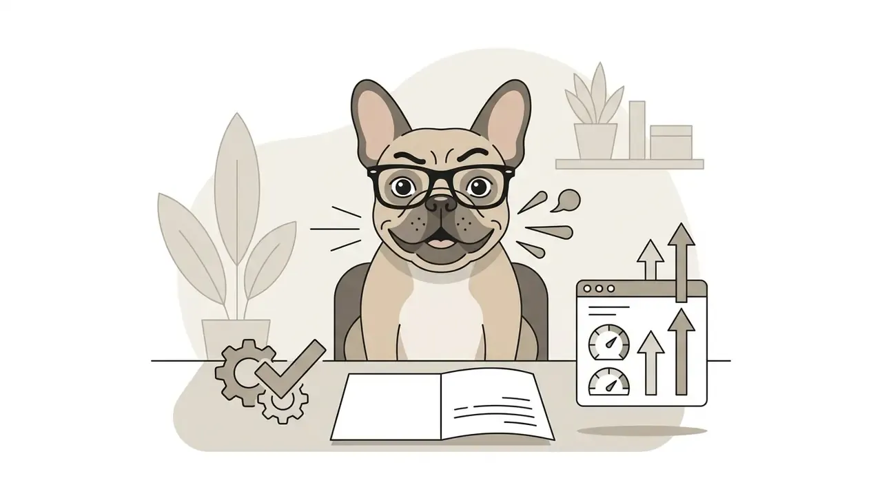 French bulldog wearing glasses sitting at a desk with an open book, gear icons, and performance charts
