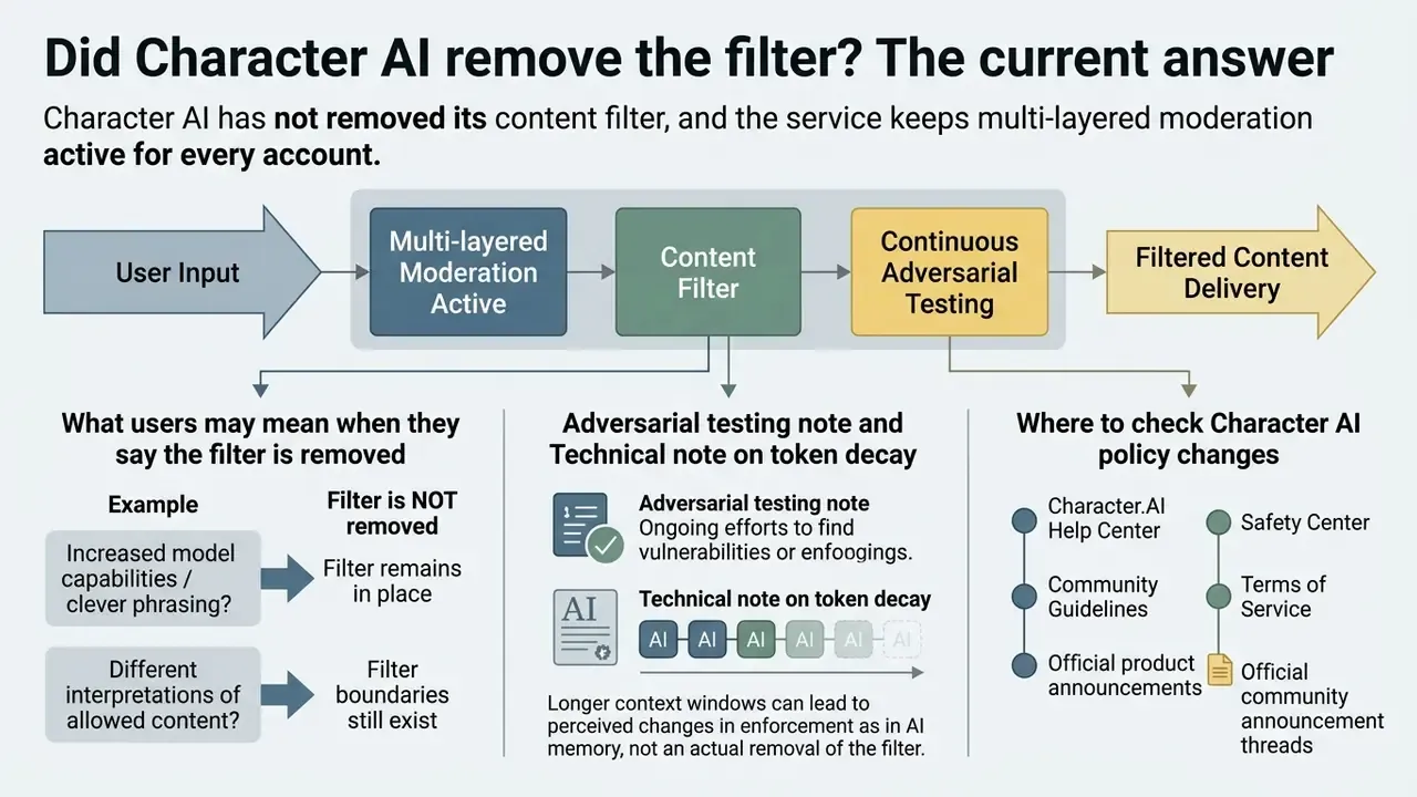 Flowchart showing how Character AI moderation processes user input through filters and testing layers