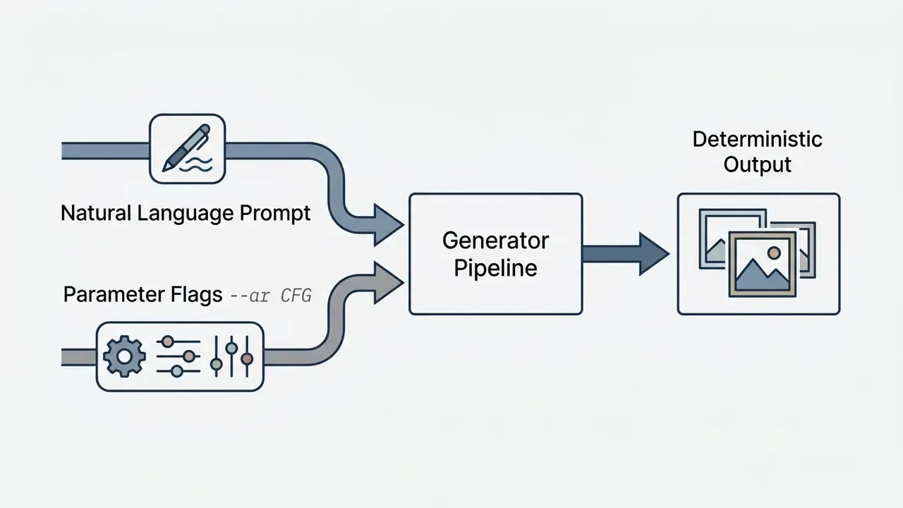 Diagram showing natural language prompts and parameter flags feeding into a generator pipeline for AI images