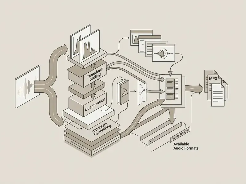 Technical diagram showing the audio encoding process from raw waveform to compressed MP3 file output