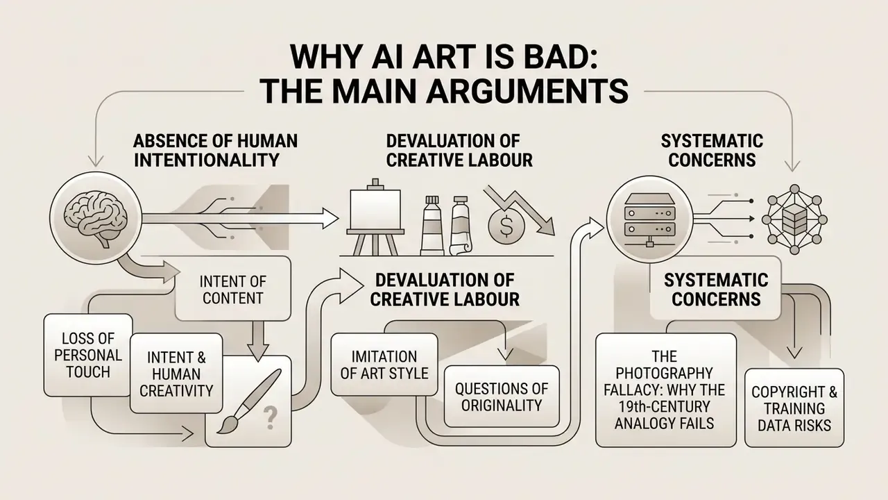 Diagram mapping the core critiques of AI art including lack of intent, labor devaluation, and systemic risks