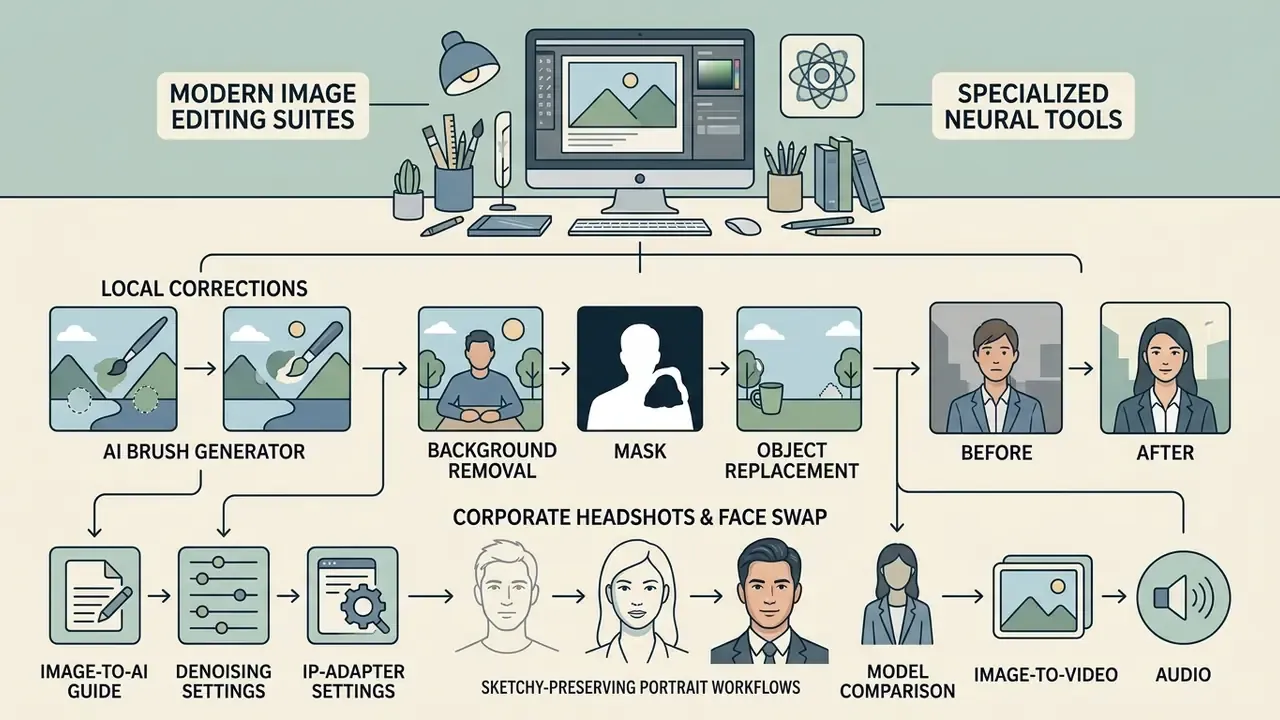 Diagram illustrating neural editing workflows for local corrections, background removal, and face swapping