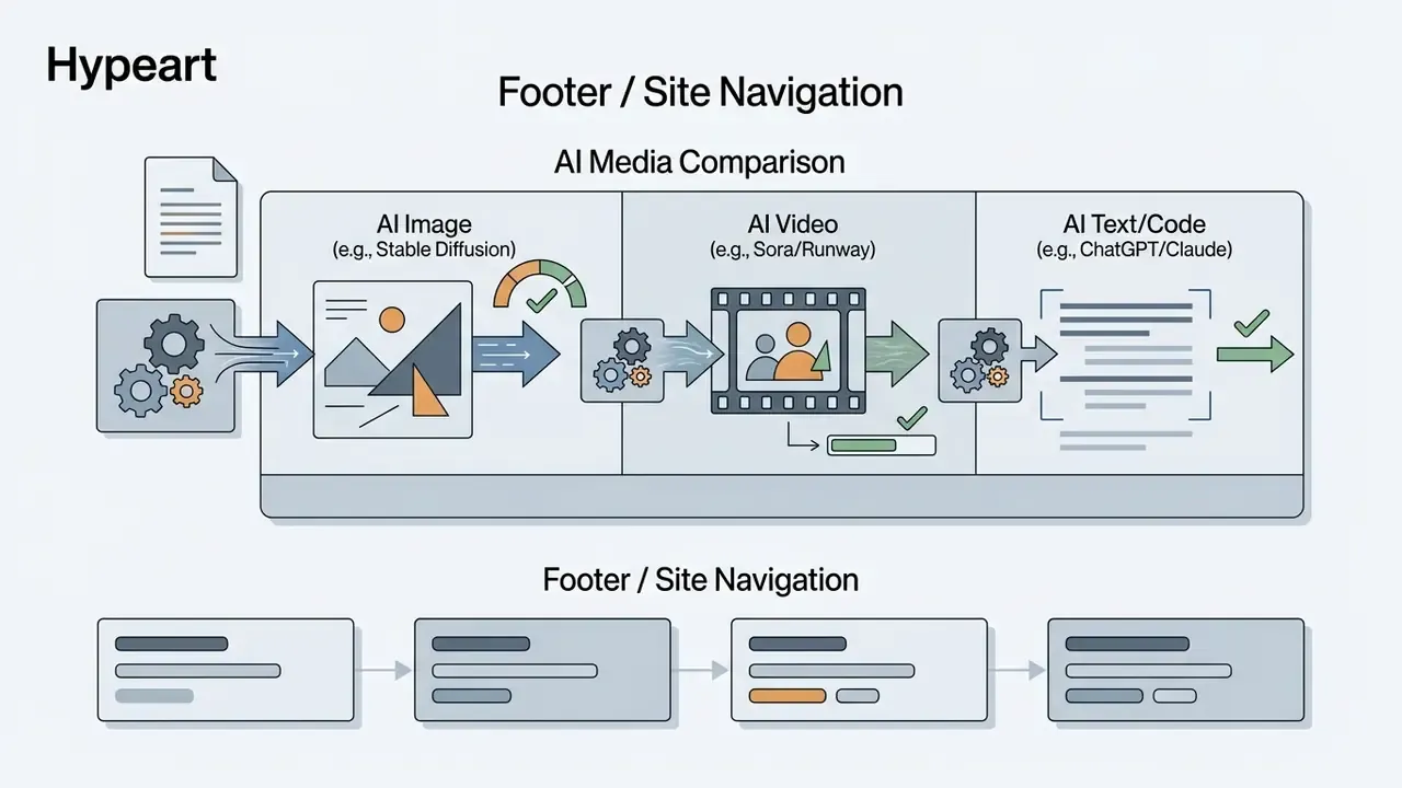 Three-part comparison showing how AI processes images, videos, and text or code through gear mechanisms
