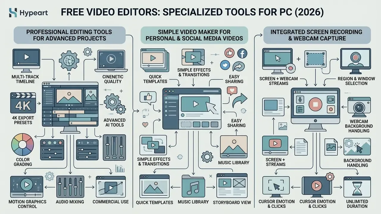 Infographic categorizing free video editor software into professional tools, social media makers, and recorders
