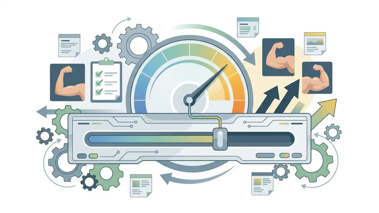 Slider interface with a gauge and bicep icons surrounded by mechanical gears and document symbols
