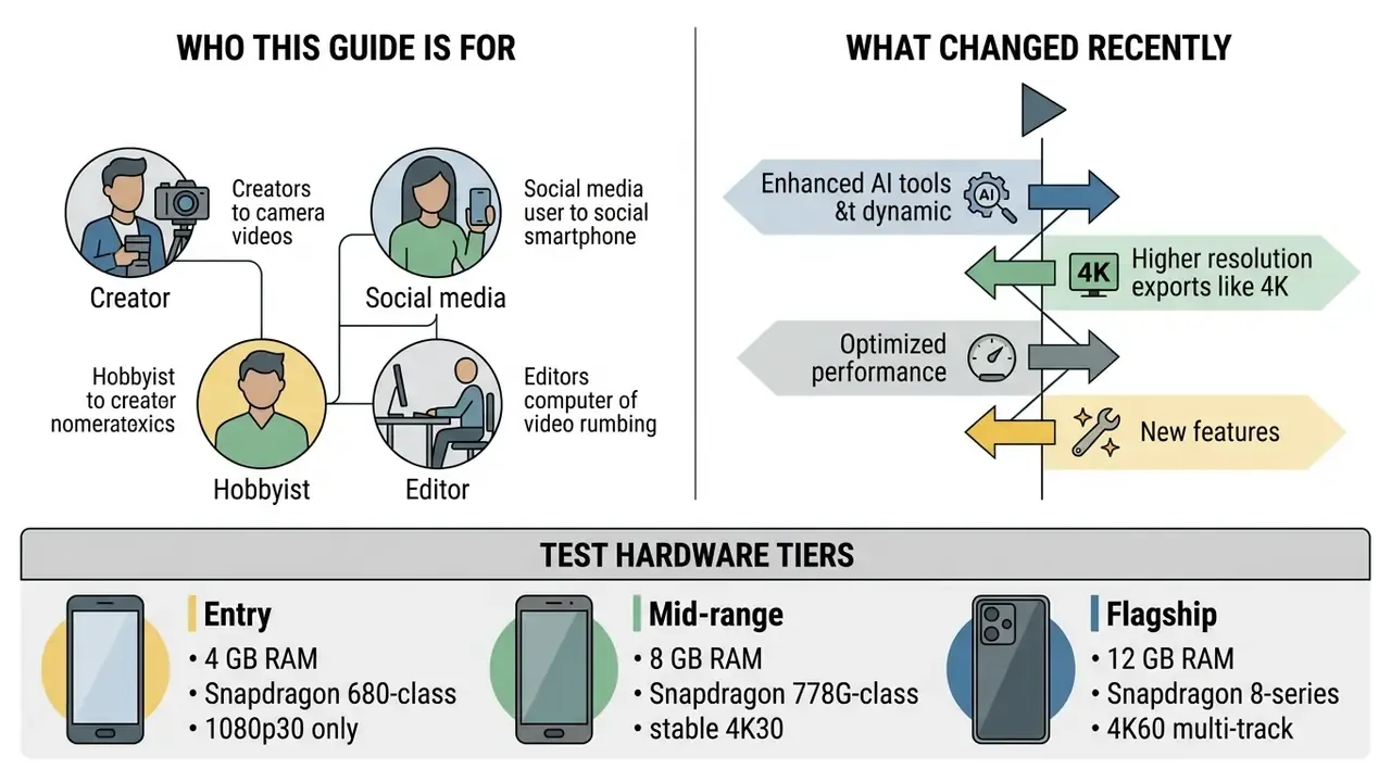 Infographic showing video editor user types, recent industry changes, and mobile hardware performance tiers