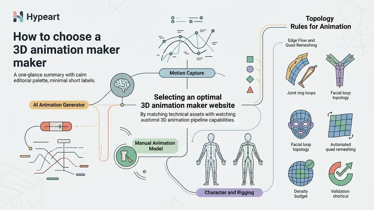 Diagram detailing technical pipeline requirements like rigging and topology for a 3D animation maker