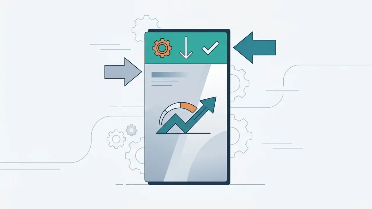 Mobile screen layout showing a header safe zone with gear and checkmark icons above a speed gauge graphic