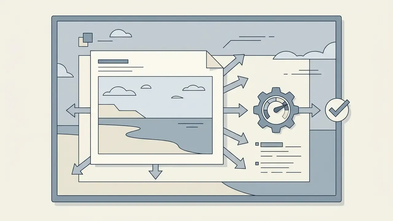 Document with a landscape photo expanding in multiple directions toward a gear gauge and a checkmark icon