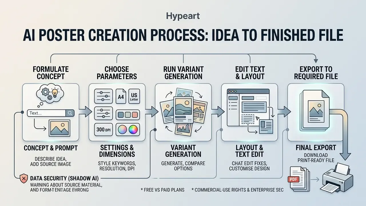 Five sequential steps for designing posters from concept formulation to final file export and printing