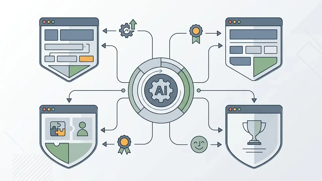 Central AI gear hub connecting to four distinct shield icons representing diverse profile categories